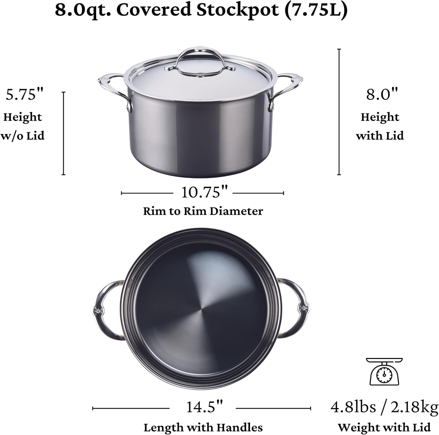 Hestan NanoBond Molecular Titanium Stock Pot with Lid, 8-Quart - PFAS-Free Stainless Steel, 4x Stronger, 1050°F Oven Safe, Induction Compatible, Handcrafted Italy