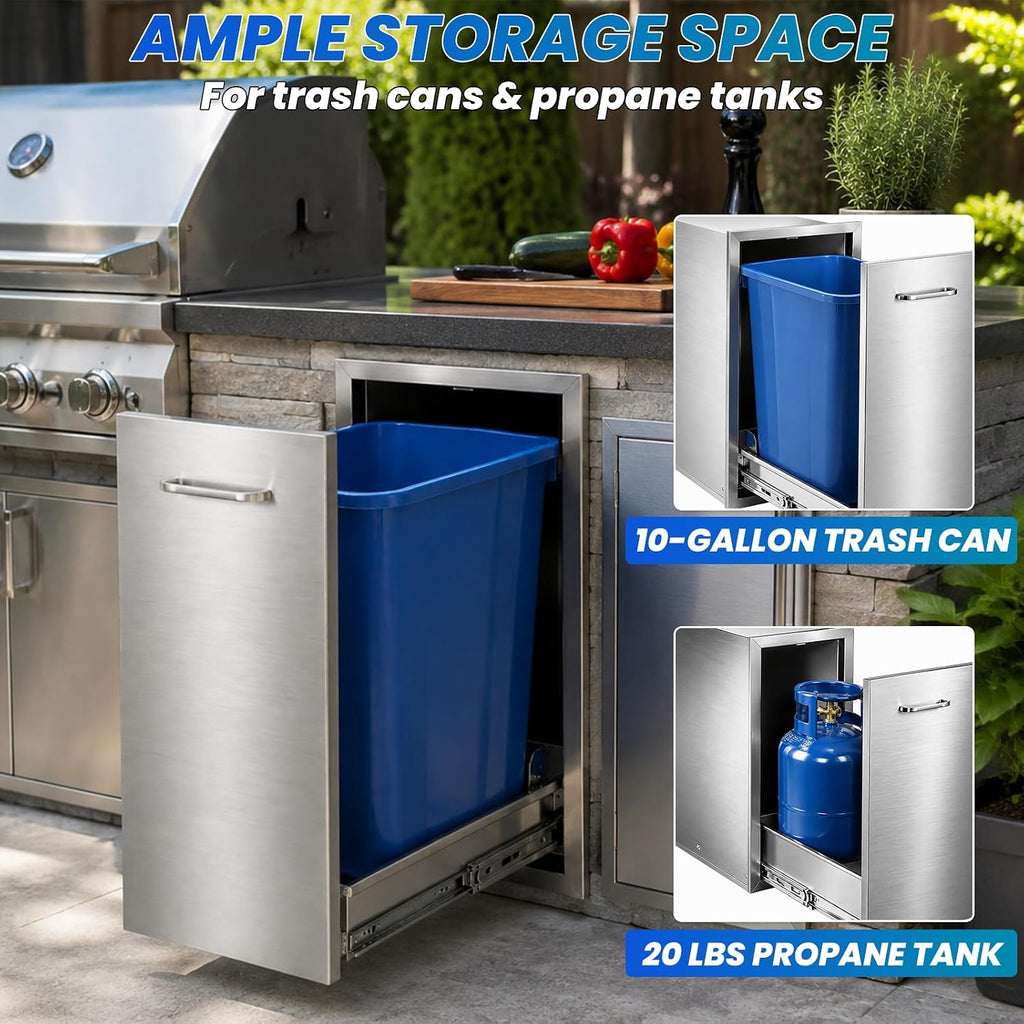 Pull-Out Trash Drawer, 13.4'W x 25.8'H x 19.6'D Stainless Steel Outdoor Kitchen Trash Drawer with Handle, Built-in Outdoor Kitchen Propane Tank Drawer for BBQ Island Grill Station, No Assembly