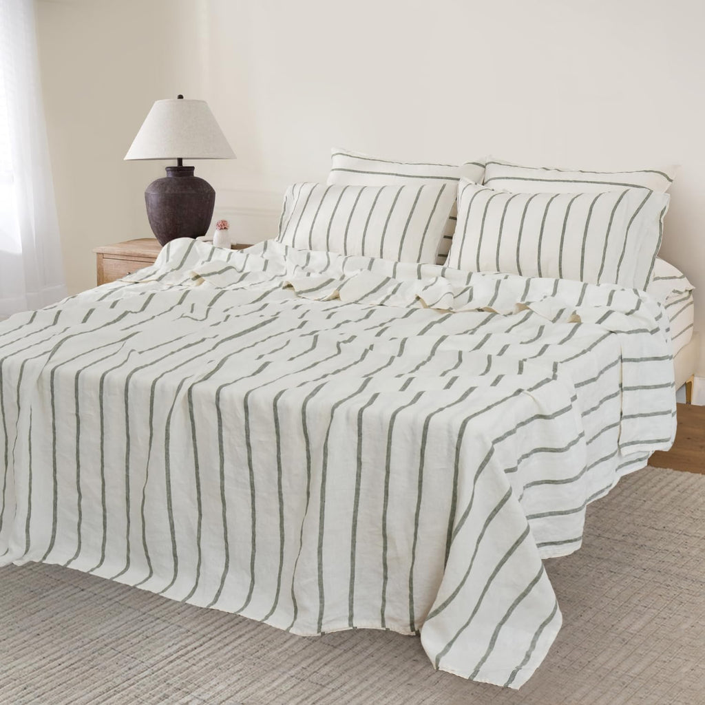 S VICTORY SYMBOL 100% Organic Linen Sheets Set,Yarn Dyed Green Vertical Stripe Bed Sheets,French Natural Flax Bedding Set,Queen Size Washed Linen 4pcs Farmhouse Bed Sheets