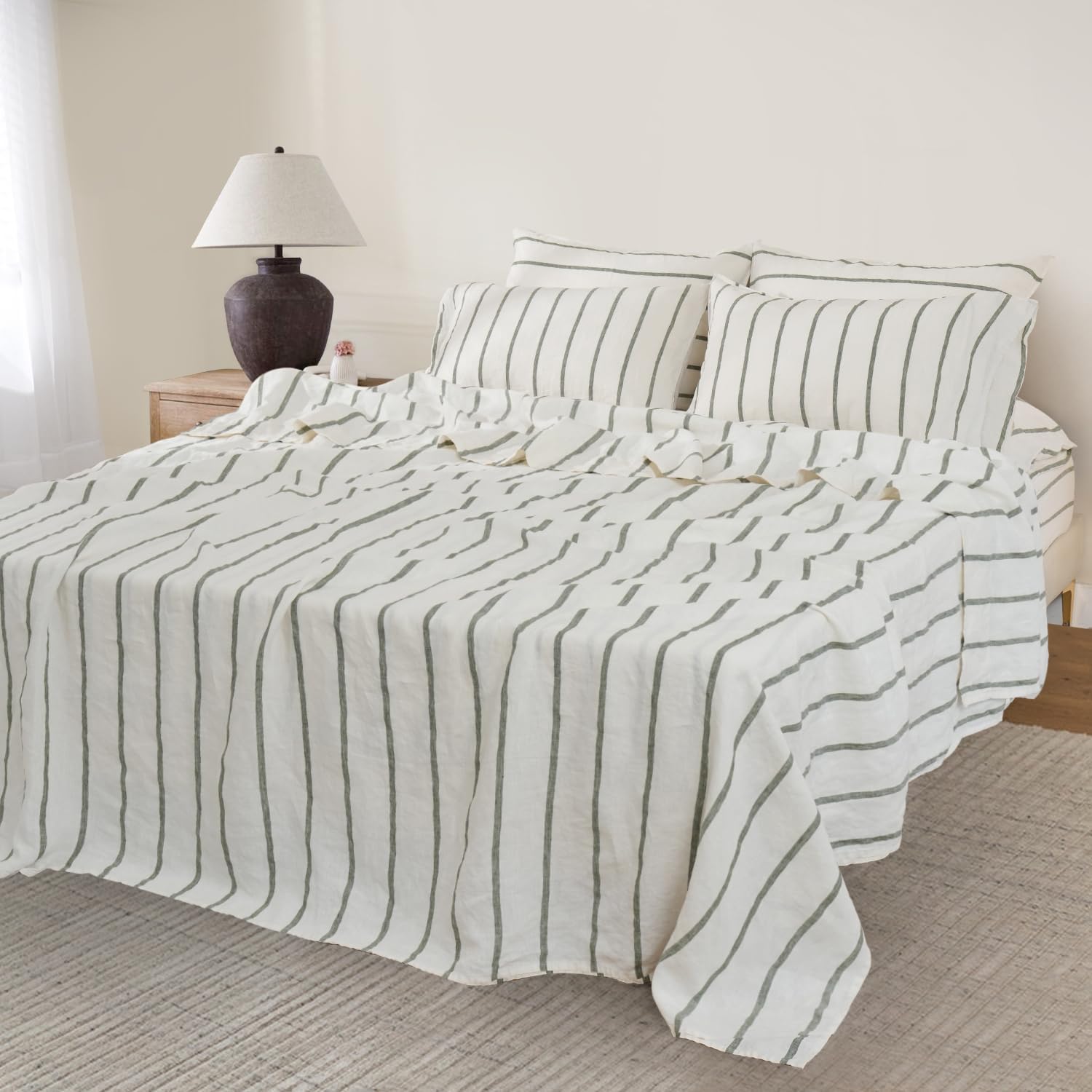 S VICTORY SYMBOL 100% Organic Linen Sheets Set,Yarn Dyed Green Vertical Stripe Bed Sheets,French Natural Flax Bedding Set,Queen Size Washed Linen 4pcs Farmhouse Bed Sheets