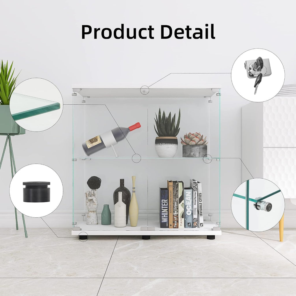 LFT HUIMEI2Y Glass Display Cabinet 2-Shelf with Double Door, Curio Cabinets Fast Installation in 30 Mins, Tempered Glass Floor Standing Bookshelf for Bedroom, Living Room 32.8'x 31.7'x 14.4' White