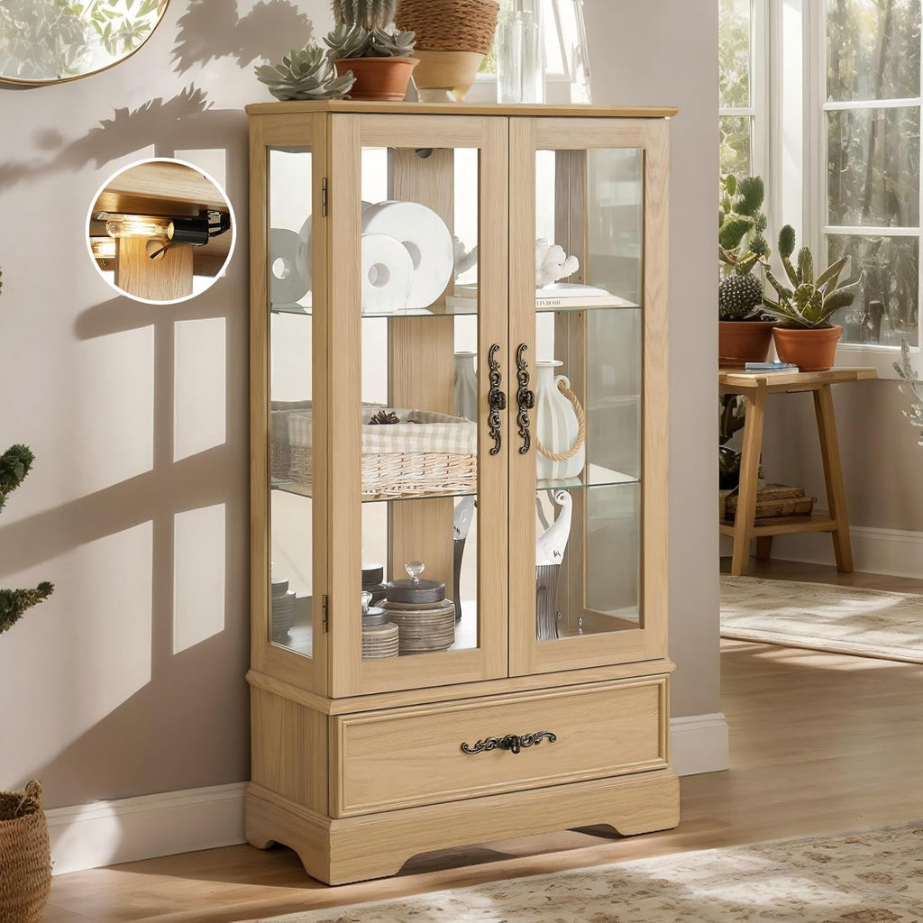 47' Lighted Glass Accent Curio Cabinet, 3-Tier Antique Storage Cage with Adjustable Shelves & Drawer, Acrylic Mirrored Pane, Light Blub Included, Small China Cabinet for Living Room (Light Oak)