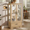 47' Lighted Glass Accent Curio Cabinet, 3-Tier Antique Storage Cage with Adjustable Shelves & Drawer, Acrylic Mirrored Pane, Light Blub Included, Small China Cabinet for Living Room (Light Oak)