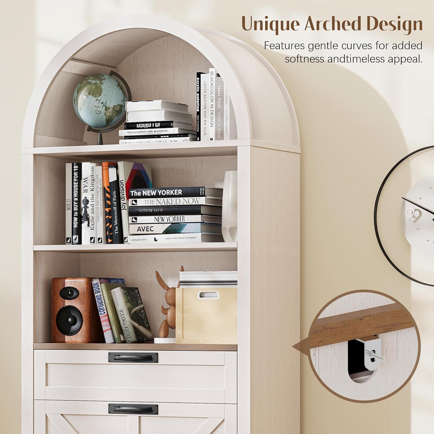 Vabches 71' Tall Arched Bookcase with File Cabinet Drawer, Farmhouse Freestanding Wooden Bookshelf, 3-Tier Large Open Display Storage Shelves for Home Office Living Room, Rustic White