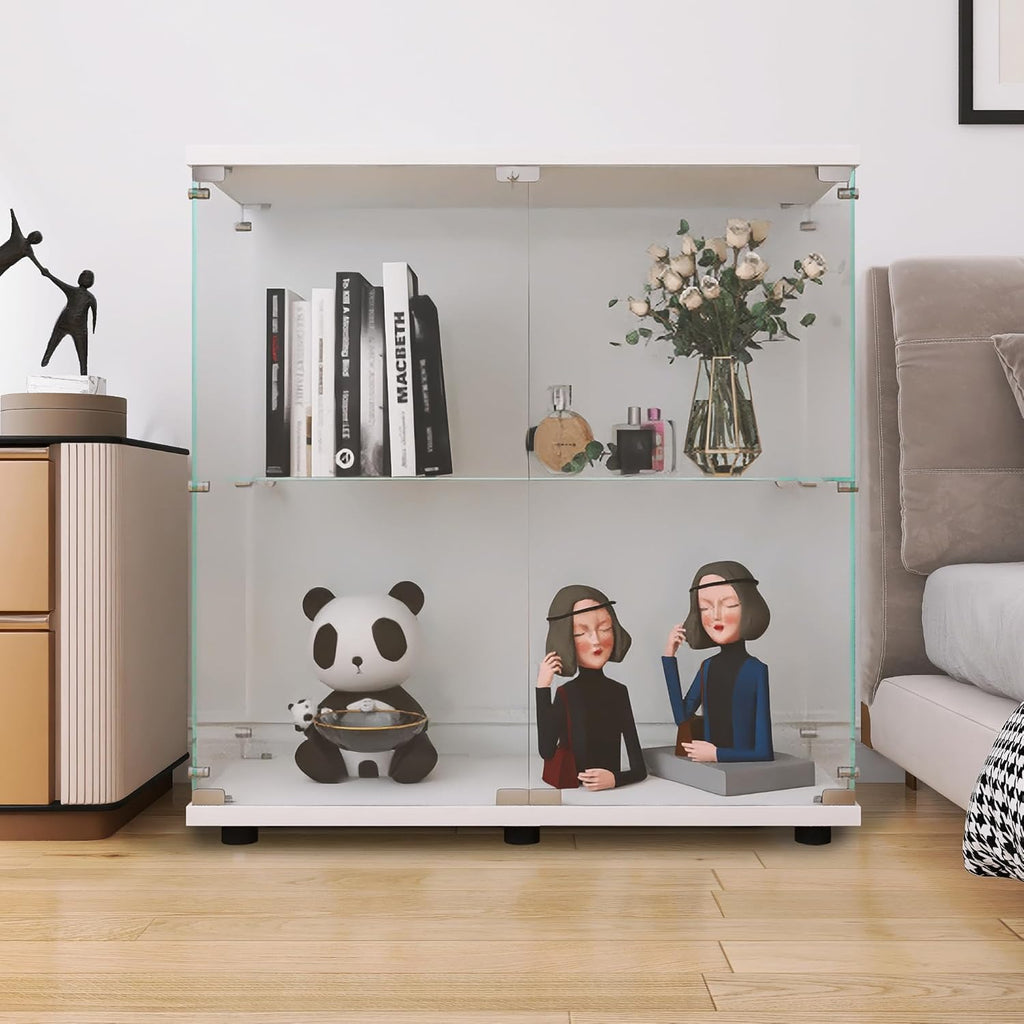 LFT HUIMEI2Y Glass Display Cabinet 2-Shelf with Double Door, Curio Cabinets Fast Installation in 30 Mins, Tempered Glass Floor Standing Bookshelf for Bedroom, Living Room 32.8'x 31.7'x 14.4' White
