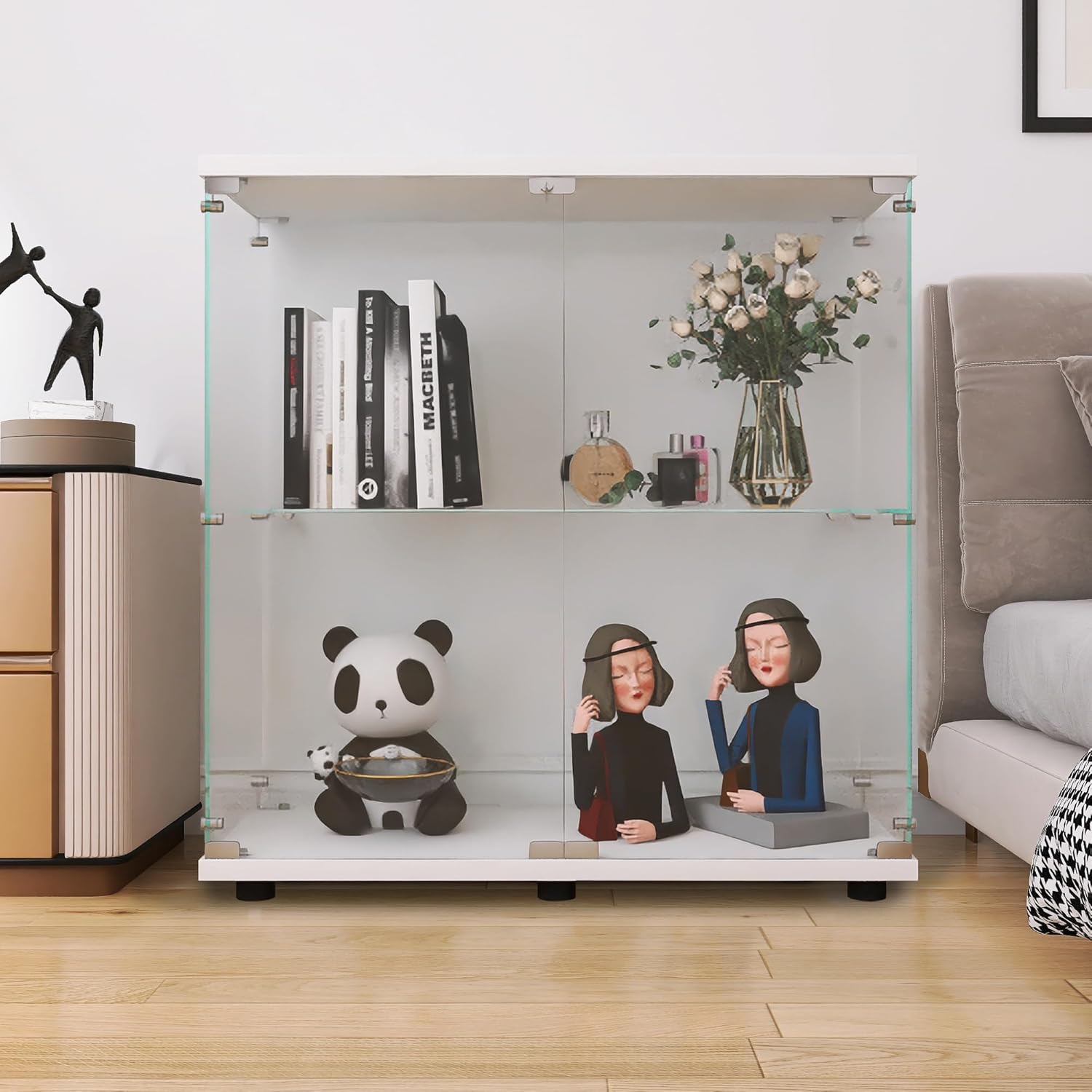 LFT HUIMEI2Y Glass Display Cabinet 2-Shelf with Double Door, Curio Cabinets Fast Installation in 30 Mins, Tempered Glass Floor Standing Bookshelf for Bedroom, Living Room 32.8'x 31.7'x 14.4' White