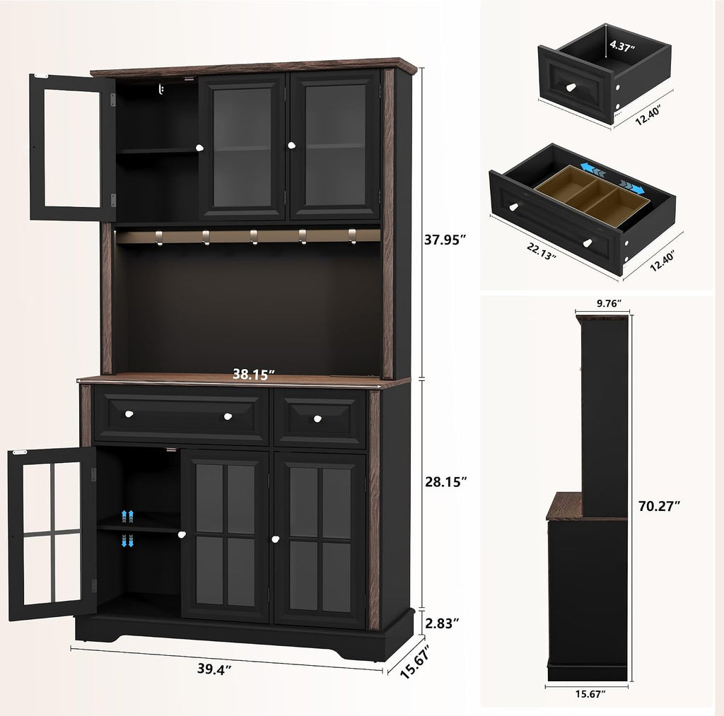 70' Kitchen Pantry Cabinet with Power Outlet| LED Lights, 38' W Kitchen Hutch Storage Cabinet with Countertop, Tall Kitchens Hutch Cabinets for Home Dining Living Room, Black