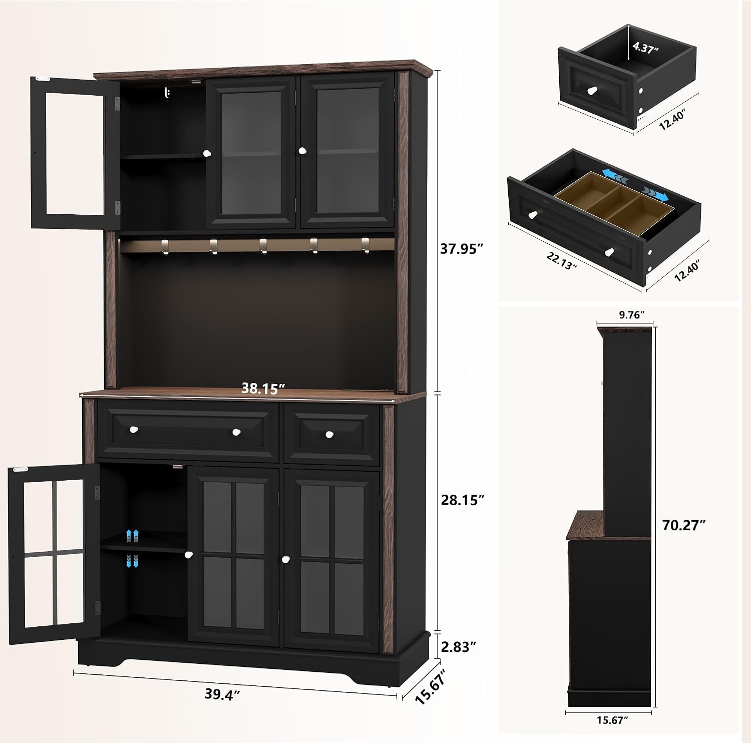 70' Kitchen Pantry Cabinet with Power Outlet| LED Lights, 38' W Kitchen Hutch Storage Cabinet with Countertop, Tall Kitchens Hutch Cabinets for Home Dining Living Room, Black