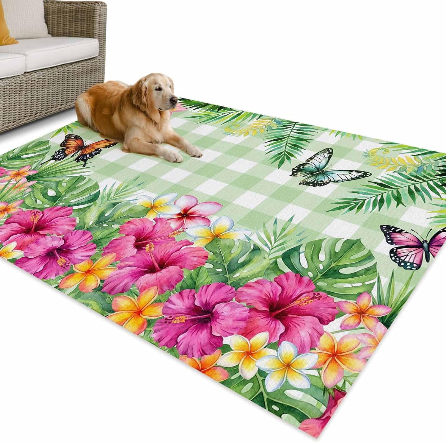 Outdoor Rug 5x8ft Tropical Plants Burmese Gardenia Flower Patio Area Rugs Waterproof Easy Cleaning Non Shedding Thick Mats Butterflies Carpet for Indoor Outdoor Porch Deck Backyard Balcony
