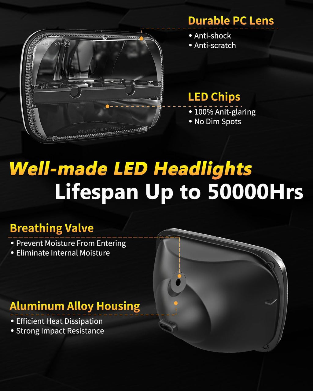 BICYACO 1 Pair 105W Rectangular 5x7/ 6x7 Inch Led Headlight High Low Beam Headlamp Compatible with Jeep Wrangler YJ Cherokee XJ Kenworth T300 1997-2010 Replacement H6054 H5054 H6054LL 69822 6052 6053