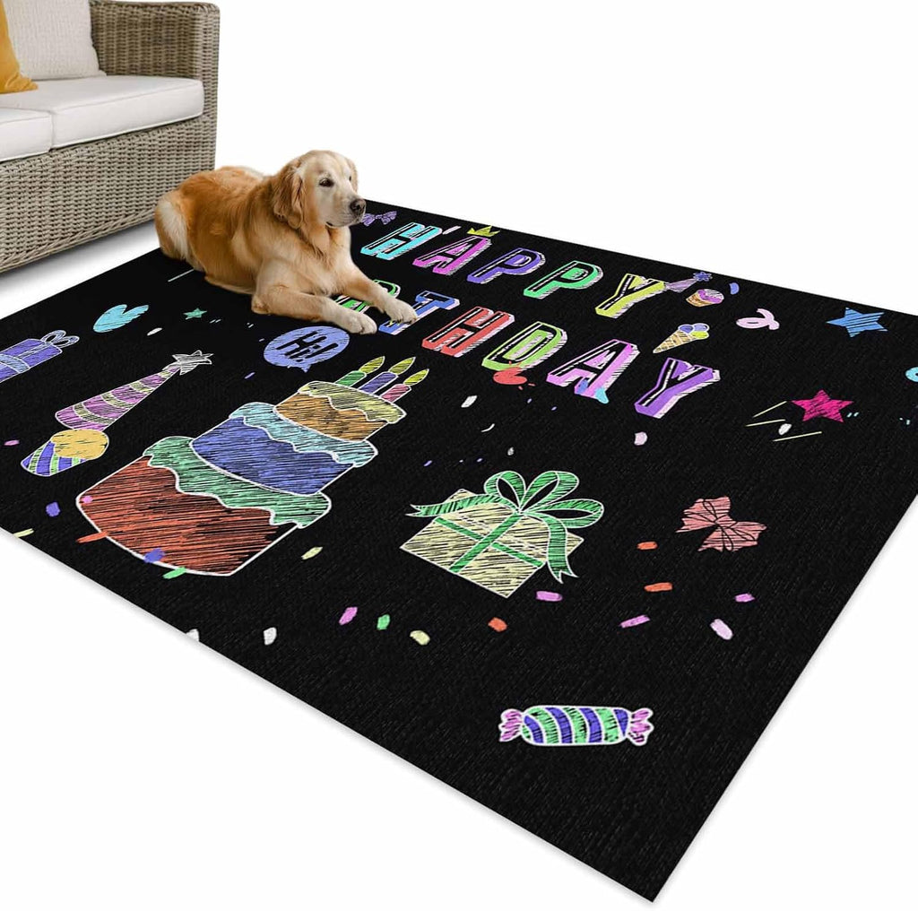 Outdoor Rug 4x6ft Happy Birthday Colorful Line Cake Present Box Patio Area Rugs Waterproof Easy Cleaning Non Shedding Thick Mats Black Carpet for Indoor Outdoor Porch Deck Backyard Balcony