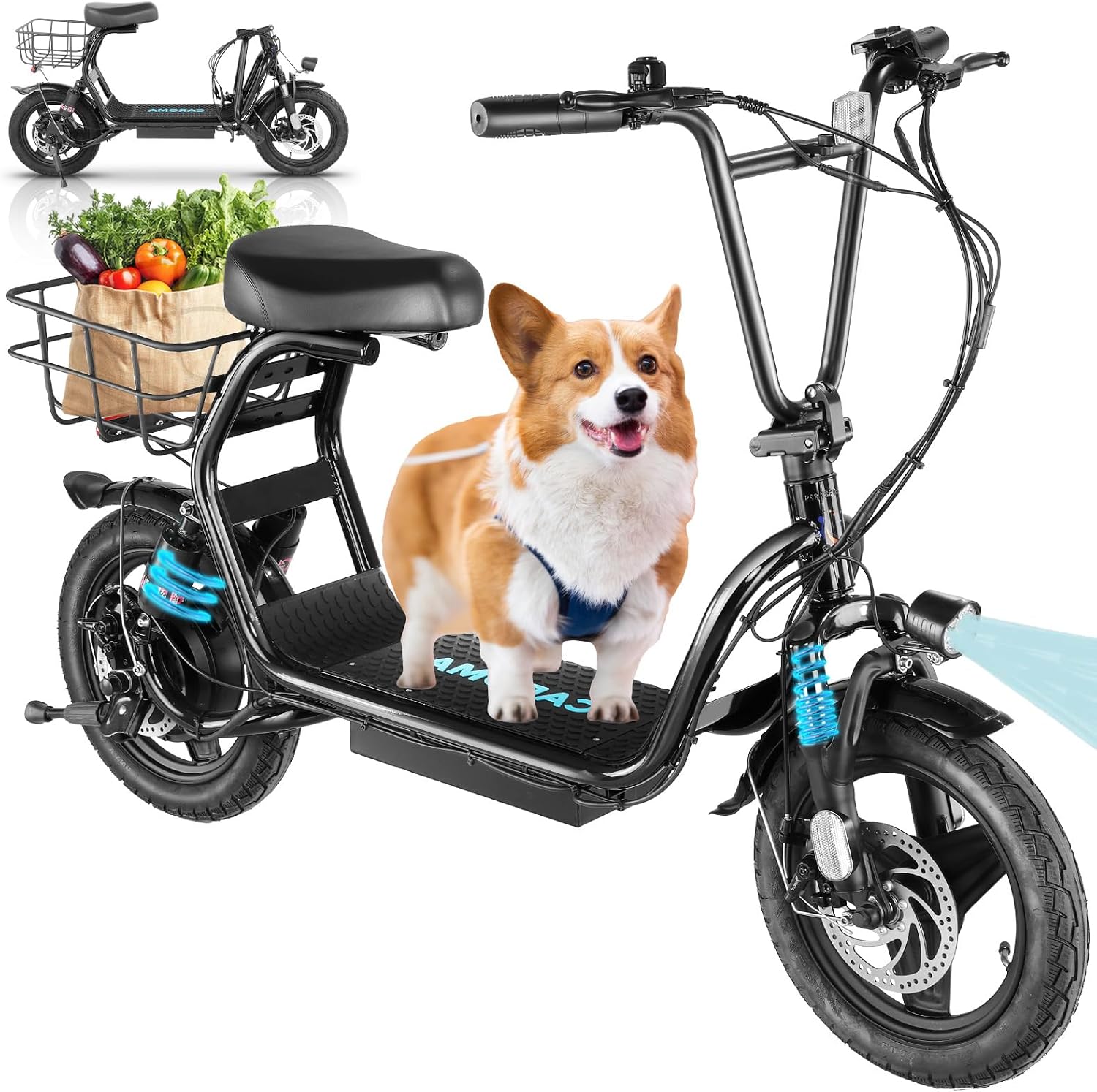 Caroma Peak 800W/1200W Electric Scooter with Seat, Max 20/30Miles&20MPH, 14' Tires Foldable Adult Electric Scooter with Basket for Pets & Cargo, Dual Shock Absorbing EScooter for Commuting