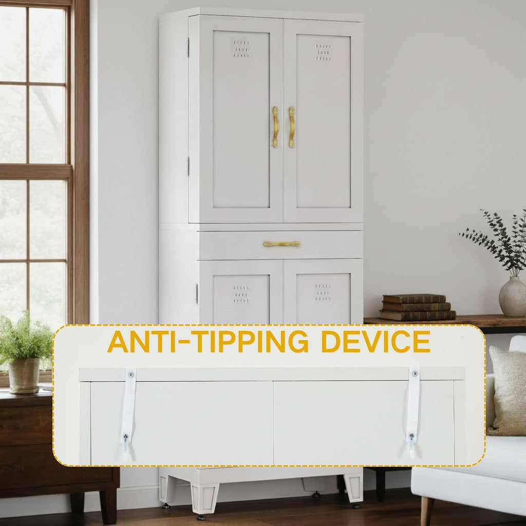 DWVO Metal Storage Cabinet, 71' Kitchen Pantry Cabinet with 4 Door & 4 Adjustable Shelves & Drawer & Door Rack, 6-Tier Tall White Steel Cabinets for Kitchen, Living Room, Dining Room