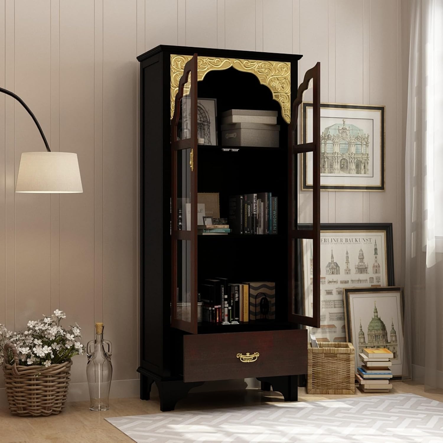 Carved Storage Cabinet with 2 Glass Doors & Drawer, Pooja Mandir with 3-Tier Shelves, Gold Accents, Decorative Cabinet Display Cabinets for Living Room Black and Brown(31.5'W x 15.7'D x 70.9'H)