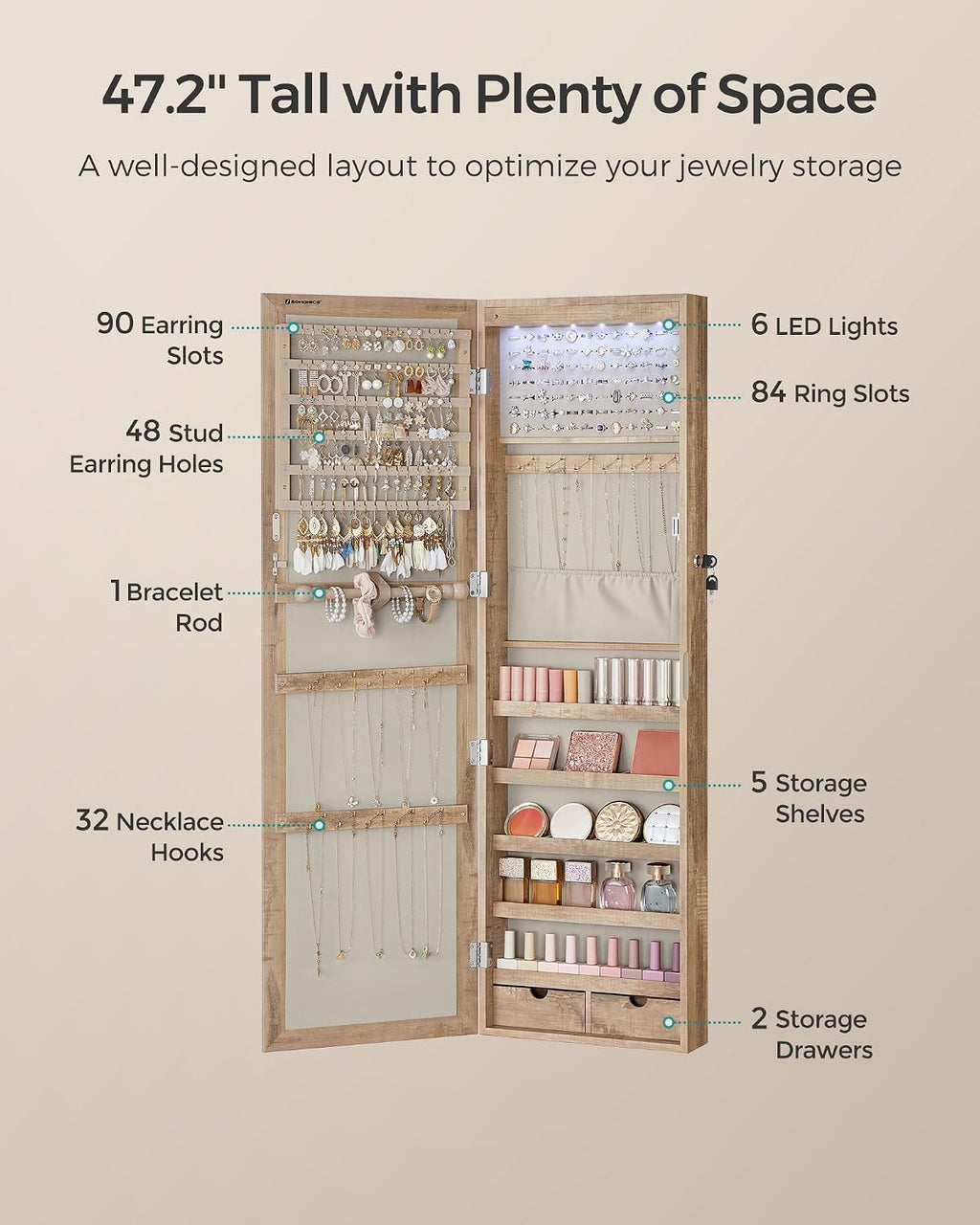 SONGMICS 6 LEDs Mirror Jewelry Cabinet, 47.2-Inch Tall Lockable Wall or Door Mounted Jewelry Armoire Organizer with Mirror, 2 Drawers, 3.9 x 14.6 x 47.2 Inches, Toasted Oak Color UJJC093N01