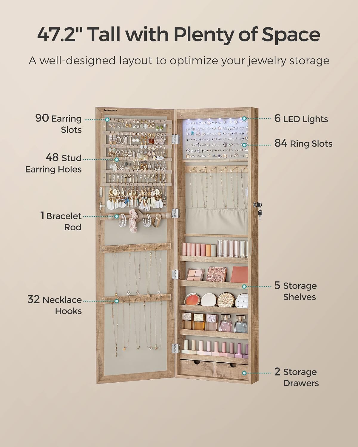 SONGMICS 6 LEDs Mirror Jewelry Cabinet, 47.2-Inch Tall Lockable Wall or Door Mounted Jewelry Armoire Organizer with Mirror, 2 Drawers, 3.9 x 14.6 x 47.2 Inches, Toasted Oak Color UJJC093N01