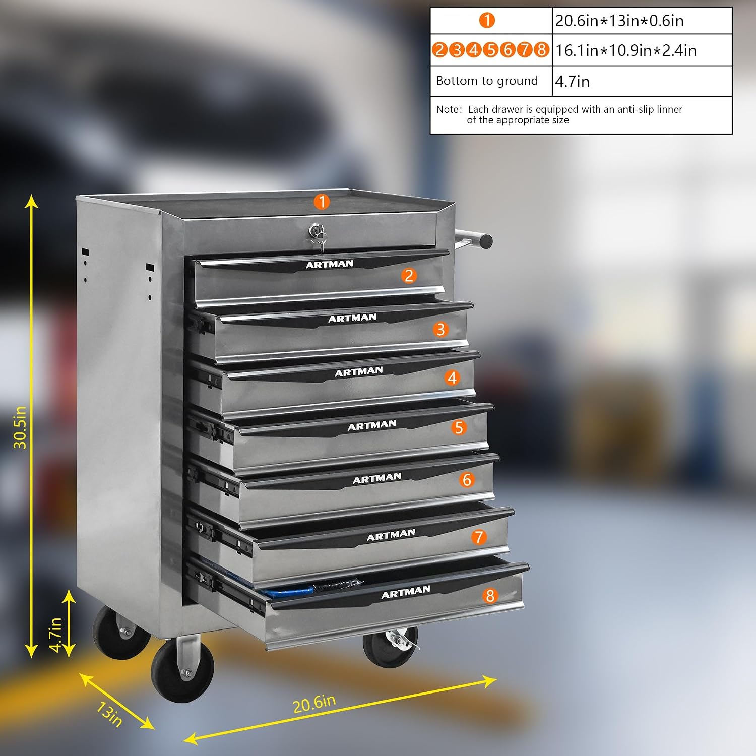 Rolling Metal Tool Chest with 7 Drawers – 20' Steel Tool Storage Box Organizer with Ball Bearing Slides & Lockable Mobile Cabinet on Wheels(Silver)