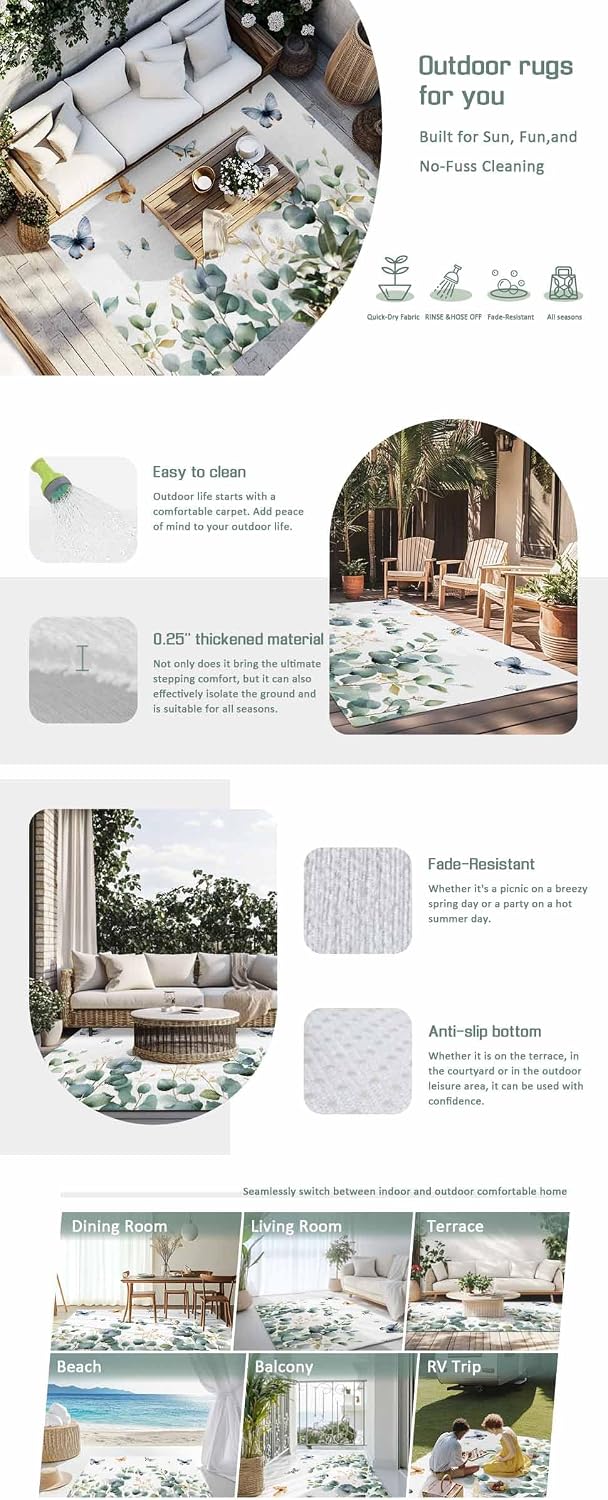 Outdoor Rug 4x6ft Spring Green Eucalyptus Leaf Butterfly on White Patio Area Rugs Waterproof Easy Cleaning Non Shedding Thick Mats Botanical Carpet for Indoor Outdoor Porch Deck Backyard Balcony