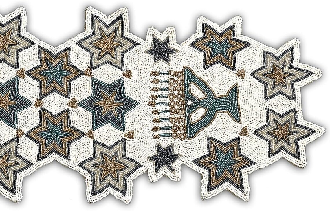 Handmade Beaded Hanukkah Table Runner, Hanukkah Candles Table Runner 13X36 Inch