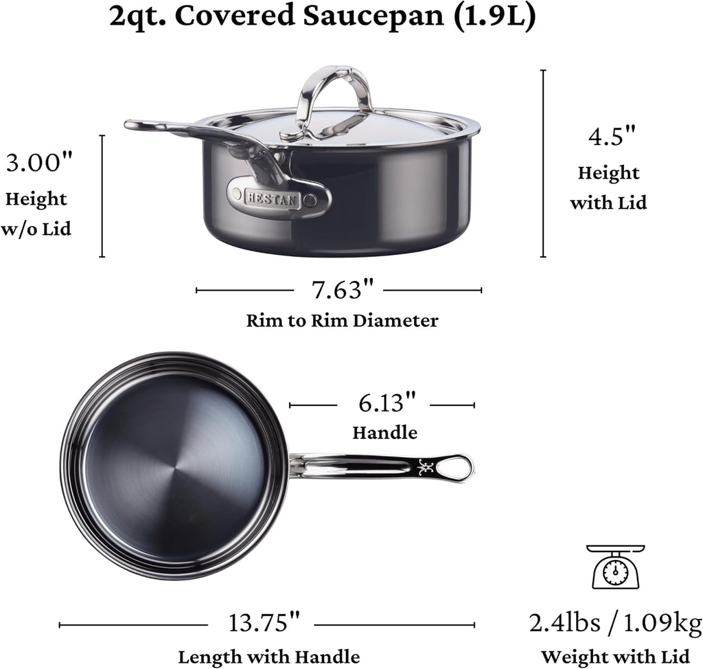 Hestan NanoBond Molecular Titanium Saucepan with Lid, 2-Quart - PFAS-Free Stainless Steel, 4x Stronger, 1050°F Oven Safe, Induction Compatible, Handcrafted Italy