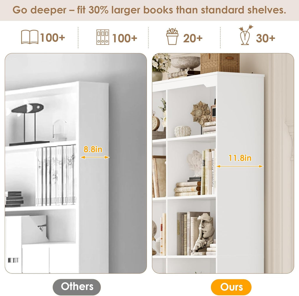 FINETONES 71' Tall Bookshelf with 4 Drawers, 6-Tier Double Wide Bookshelves and Bookcases with Storage, White Bookshelf Large Open Bookshelves Standing Book Cabinet for Home Office, White