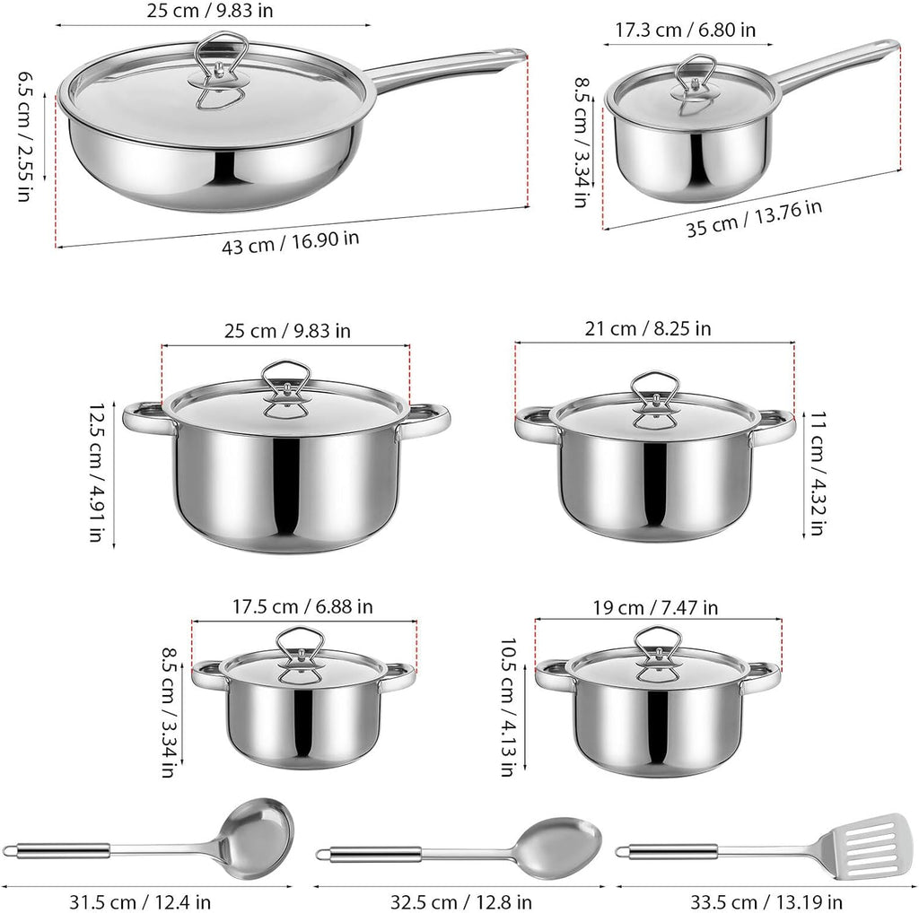 KALLORY 15pcs Stainless Steel Cookware Set with Composite Bottom, Induction Compatible Pots and Pans, Includes Lids and Cooking Utensils for Gas, Electric Stoves and Kitchen Use