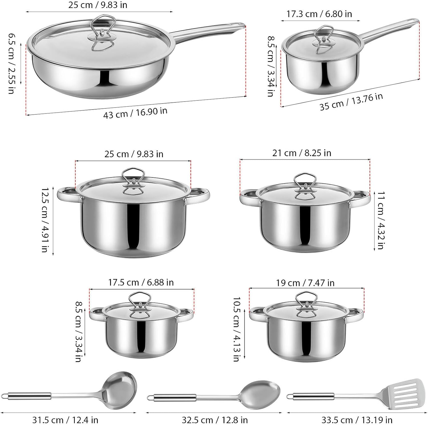 KALLORY 15pcs Stainless Steel Cookware Set with Composite Bottom, Induction Compatible Pots and Pans, Includes Lids and Cooking Utensils for Gas, Electric Stoves and Kitchen Use
