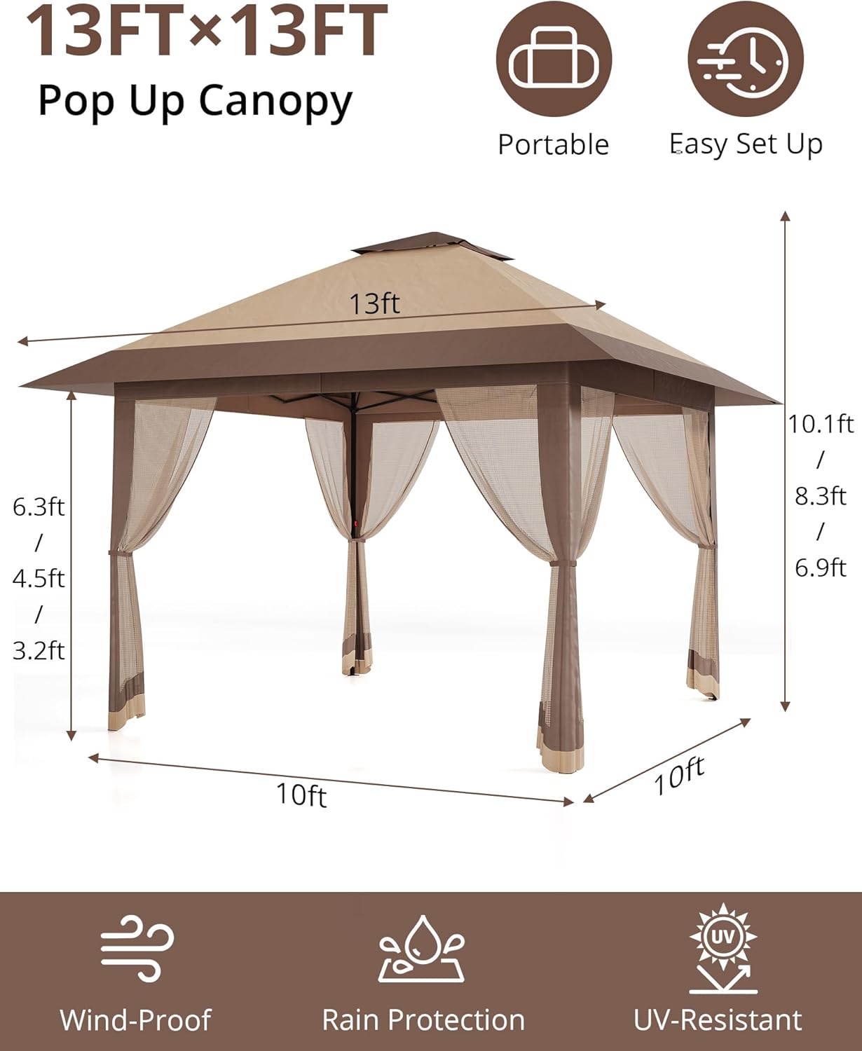 13x13FT Pop-Up Gazebo Canopy Tent - Double Roof, Mosquito Netting, Adjustable Height, UV-Resistant, Heavy Duty, Waterproof, Portable for Patio, Garden, Camping, Party - Khaki + Light Khaki