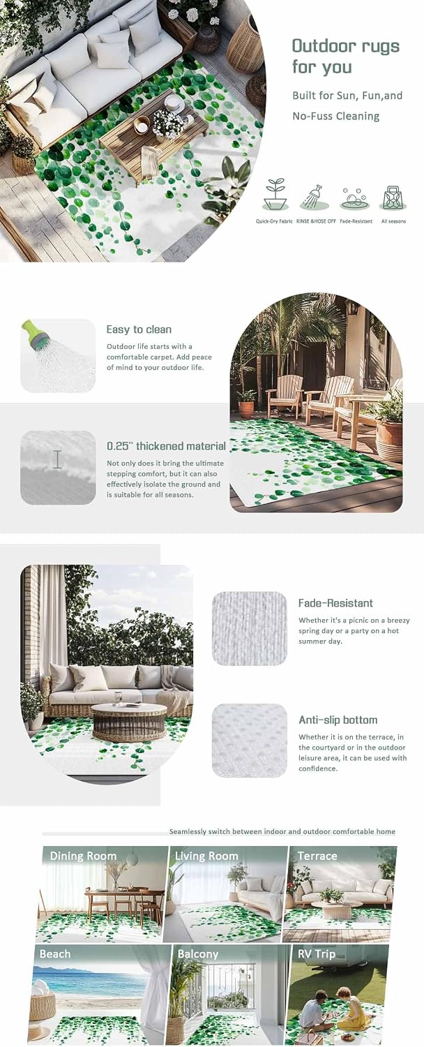 Outdoor Rug 4x6ft Spring Summer Gradient Green Leaves*Watercolor Botantical Patio Area Rugs Waterproof Easy Cleaning Non Shedding Thick Mats Carpet for Indoor Outdoor Porch Deck Backyard Balcony