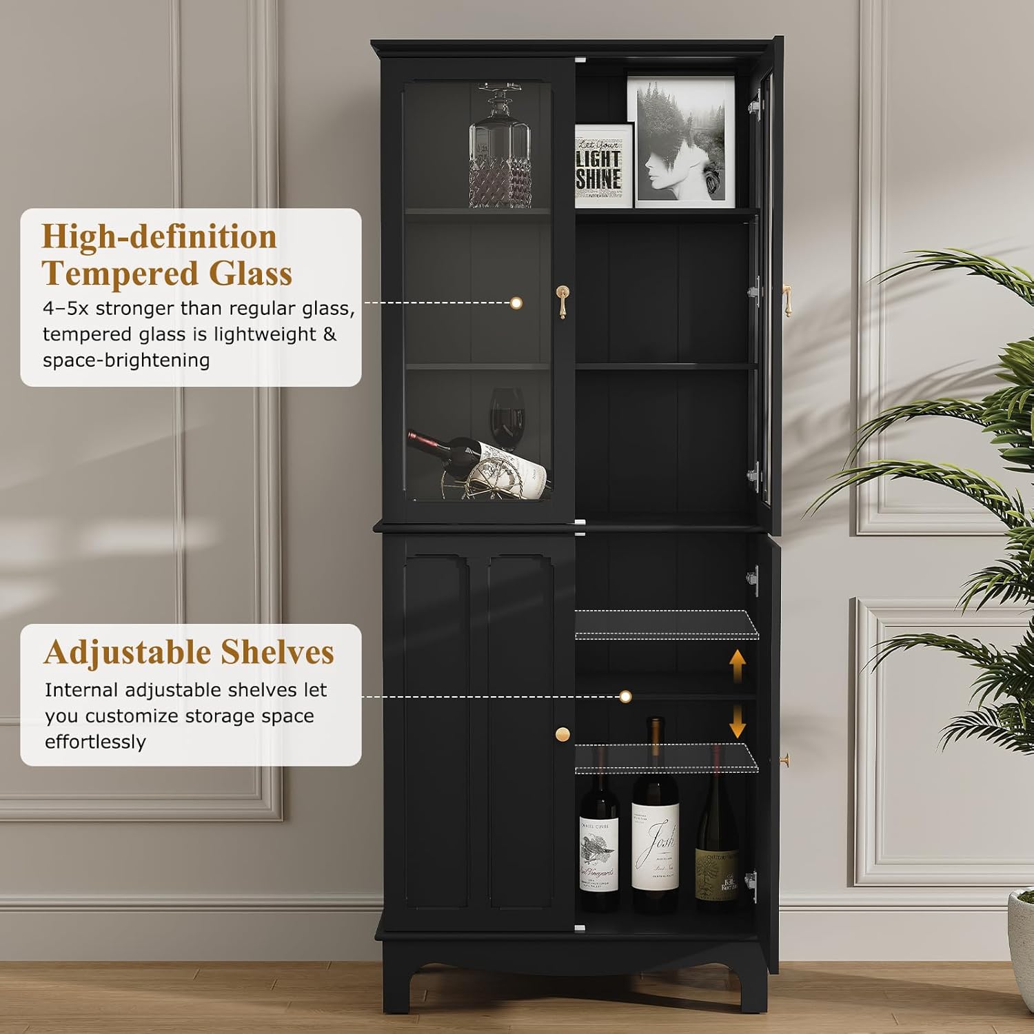 ARTPOWER 72' Freestanding Kitchen Pantry Storage Sideboard, Classical Tall Cabinet with Glass Door and Adjustable Shelves for Kitchen, Livingroom and Dining Room, Black