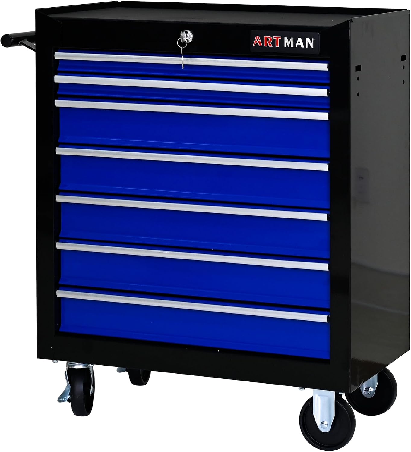 Rolling Tool Cart with 7 Drawers, Lockable Heavy-Duty Steel Tool Cabinet on Wheels, 300 lb Capacity, Ball-Bearing Slides, Powder-Coated Finish, Garage Workshop Tool Storage Black+Blue
