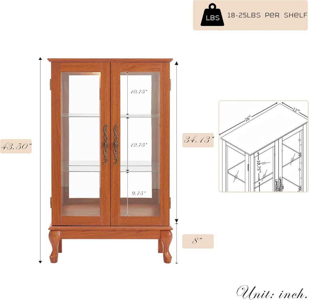 44' Small Lighted Glass Accent Curio Cabinet, Vintage China Cage with 2 Tempered Glass Doors & Adjustable Shelves, Acrylic Mirrored Pane, Elegant Wine Artwork Showcase Rack for Living Room (Dark Oak)