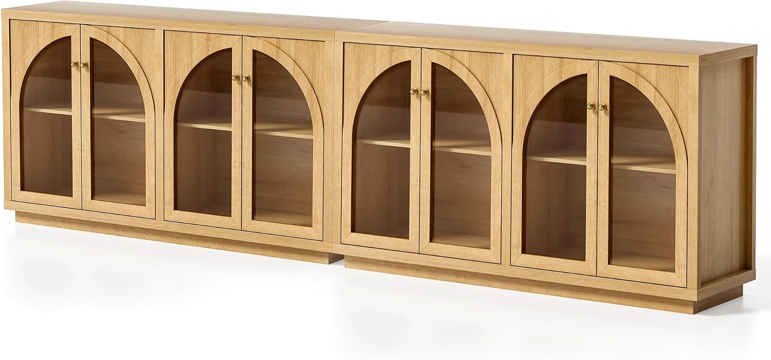 EYYTHUNG Arched Storage Cabinet with 4 Doors Set of 2, Sideboard Buffet Cabinet with Adjustable Shelves and Acrylic Door, Accent Display Cabinet for Living Room, Entryway, Dining Room, Natural Oak