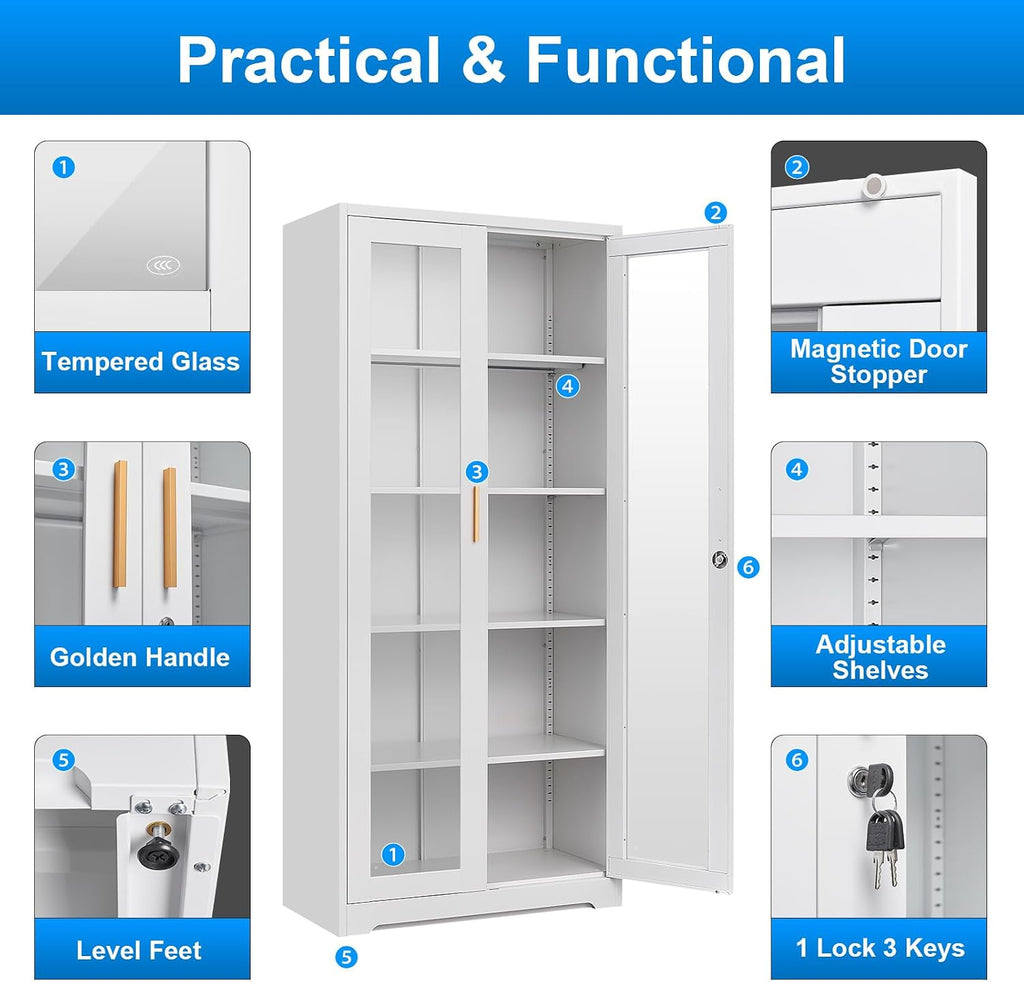Polup Display Cabinet with Glass Doors, 71'' Tall Curio Cabinets with Lock, Metal Glass Display Case for Collectibles, Living Room, School, Commercial, White, Assemble Required