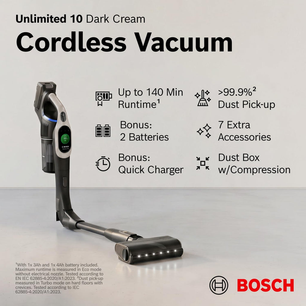 Bosch Unlimited 10 Cordless Stick Vacuum Cleaner - 2 Batteries Included, Up to 140 Min Total, Bendable Tube, Fast Charger, Pet Hair, Hard Floors and Carpets, 7 Accessories, Dark Cream