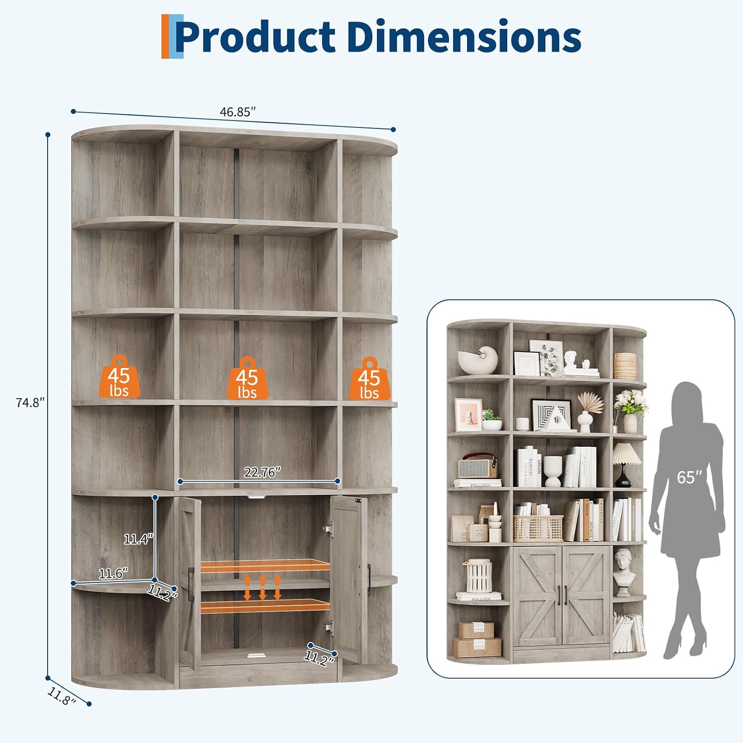 Garvee 75in Tall Bookcase with Storage Cabinet, 6-Tier Wide Floor Bookshelf with Doors, Modern Wooden Standing Display Shelf Organizer for Home Office Living Room Bedroom, Grey