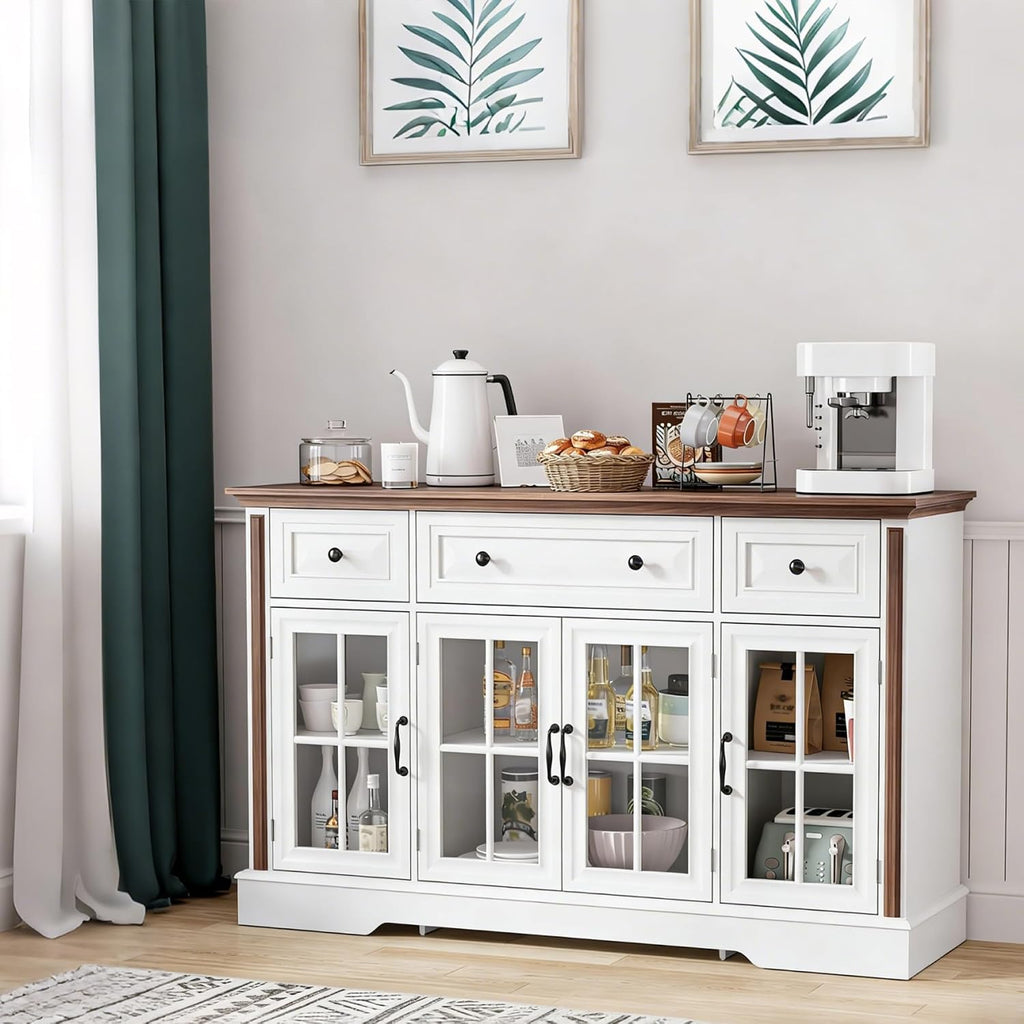 Sideboard Buffet Cabinet with Storage and Glass Doors,4-Door Cabinet with 3 Drawers,53.5' Farmhouse Modern Sideboard with Adjustable Shelves,Coffee Bar Cabinet for Kitchen & Dining Room,White