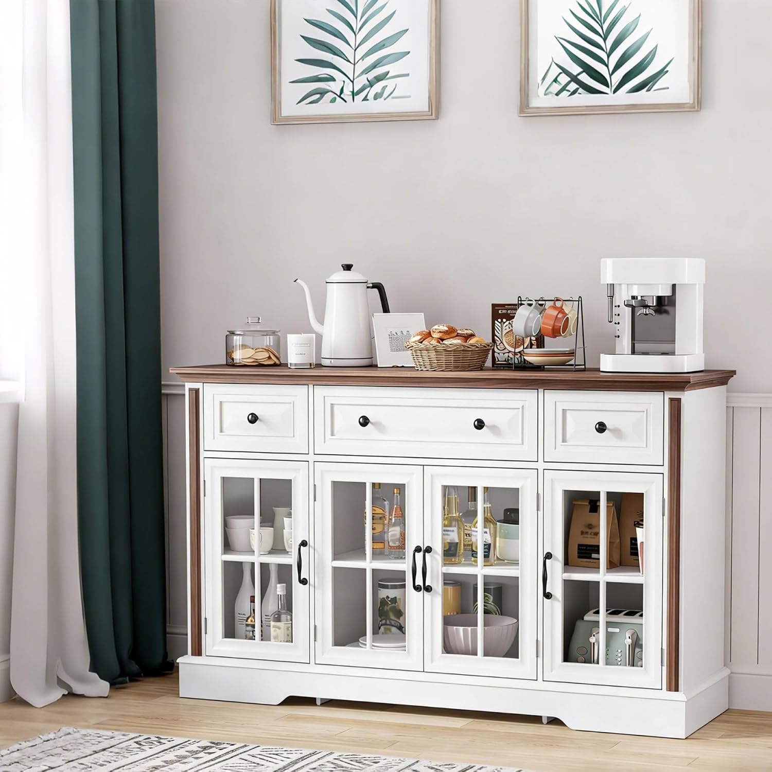 Sideboard Buffet Cabinet with Storage and Glass Doors,4-Door Cabinet with 3 Drawers,53.5' Farmhouse Modern Sideboard with Adjustable Shelves,Coffee Bar Cabinet for Kitchen & Dining Room,White
