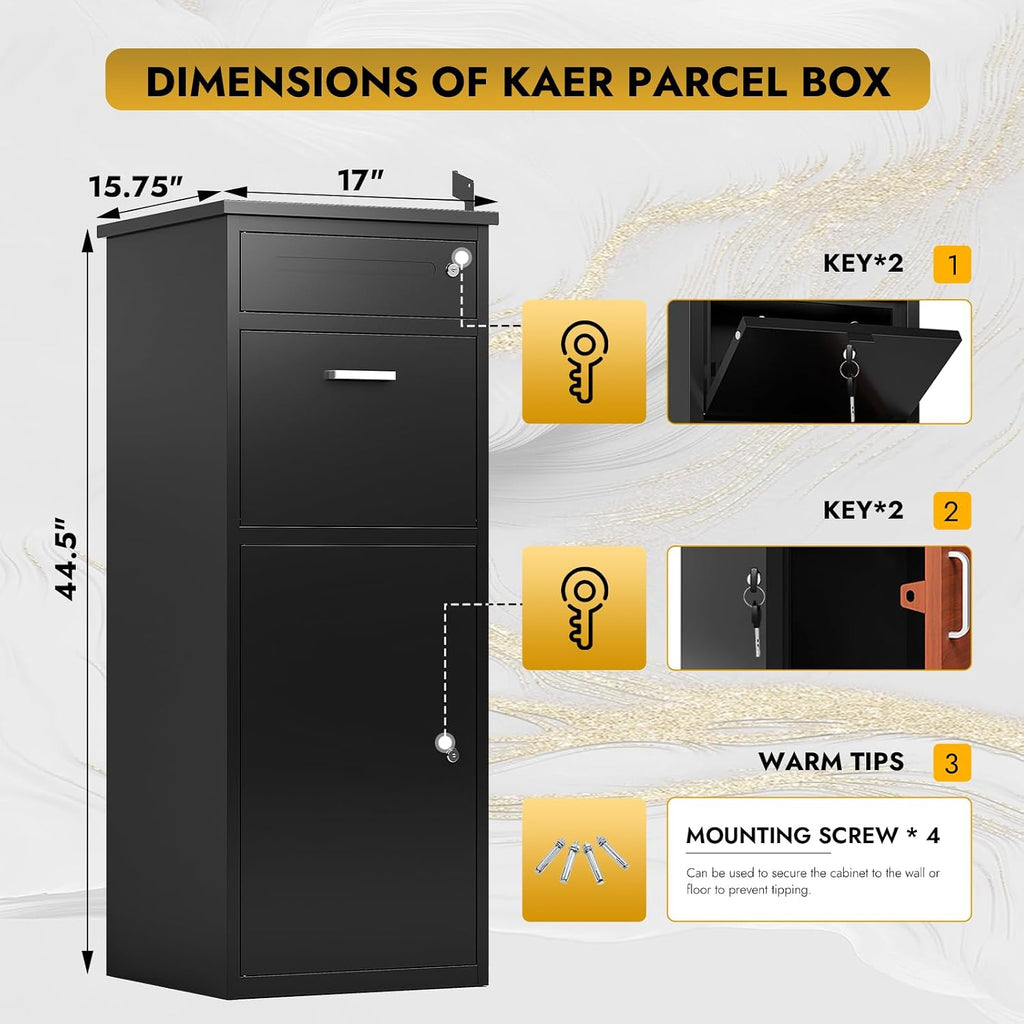 KAER Package Delivery Boxes for Outside Cold-Rolled Steel Delivery Box for Packages & Mails, Anti-Theft Lockable Large Parcel Drop Box for Outdoor, Porch, Curbside,44.5'x17'x15.75'
