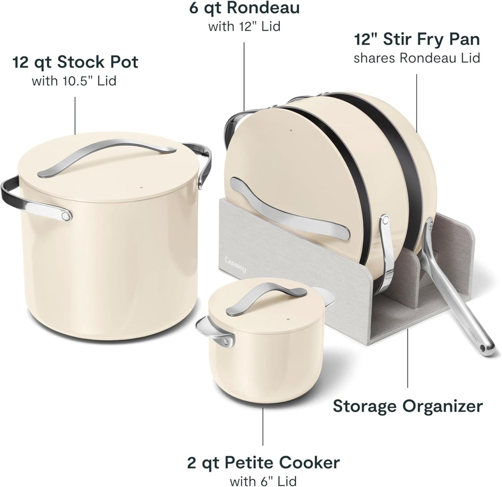 Caraway 24-Piece Nonstick Ceramic Cookware Set - Includes Fry Pans, Sauce, Sauté Pan, Dutch Oven, Petite Cooker, Stir Fry, Rondeau, Stock Pot, Lids & Storage Organizers - Cream