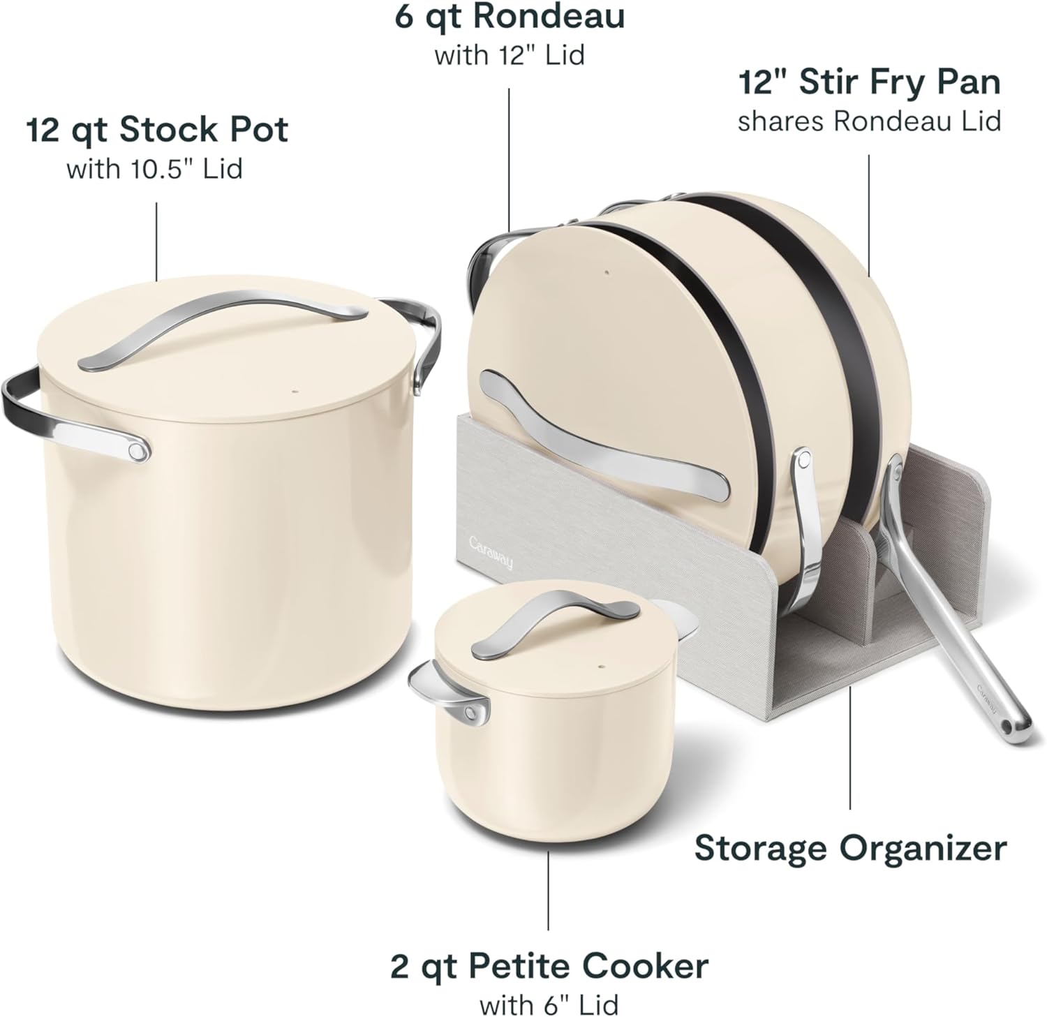 Caraway 24-Piece Nonstick Ceramic Cookware Set - Includes Fry Pans, Sauce, Sauté Pan, Dutch Oven, Petite Cooker, Stir Fry, Rondeau, Stock Pot, Lids & Storage Organizers - Cream