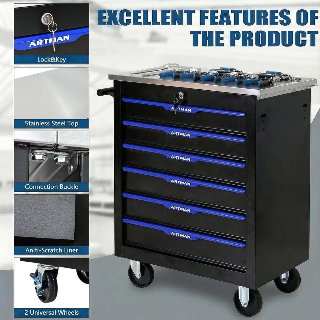 6-Drawer Rolling Tool Chest with Stainless Steel Countertop,Tool Chest with Secure Locking System,Mobile Storage Tool Cabinet with 360°Wheels and Padded Feet,for Home,Garage (Black+Blue)