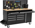 61-Inch Rolling Tool Chest with 10 Drawers & Power Strip, Solid Rubber Wood Top, 1675 LBS Load Heavy Duty Mobile Workstation, Locking System and Drawer Liners for Garage Warehouse Shop, Black