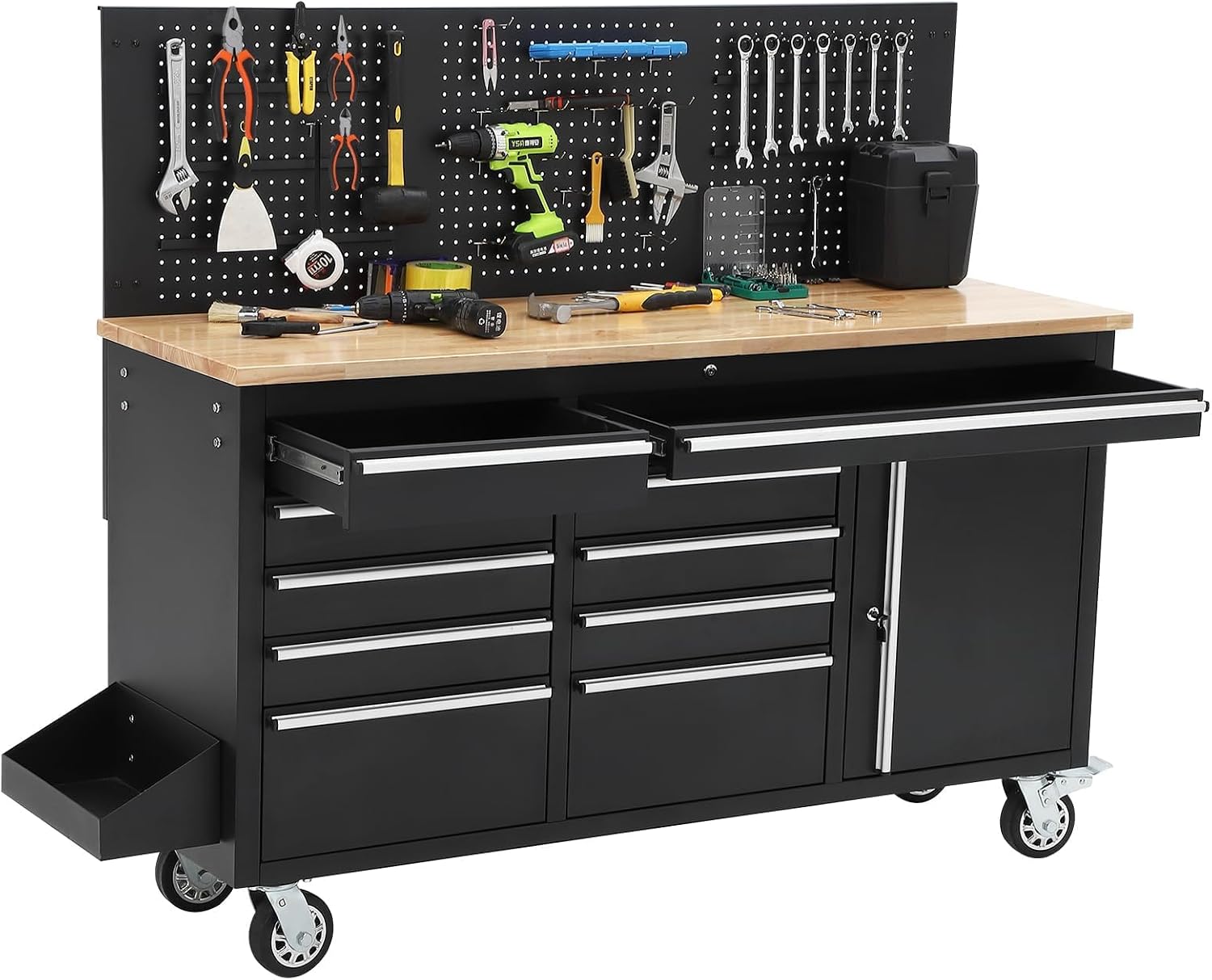 61-Inch Rolling Tool Chest with 10 Drawers & Power Strip, Solid Rubber Wood Top, 1675 LBS Load Heavy Duty Mobile Workstation, Locking System and Drawer Liners for Garage Warehouse Shop, Black