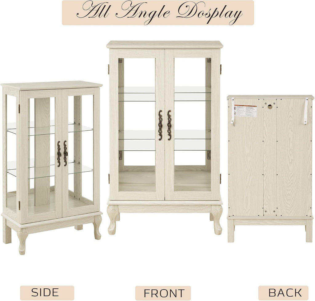 44' Small Lighted Glass Accent Curio Cabinet, Vintage China Cage with 2 Tempered Glass Doors & Adjustable Shelves, Acrylic Pane, Elegant Wine Artwork Showcase Rack for Living Room (Antique White)