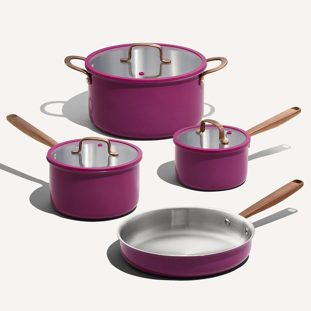 CAROTE 7pcs Tri-Ply Stainless Steel Cookware Set, Pots and Pans Set, Non Stick Induction Kitchen Cooking Sets, Outer Ceramic Layer, Nonstick Cookware Collection, Violet Purple