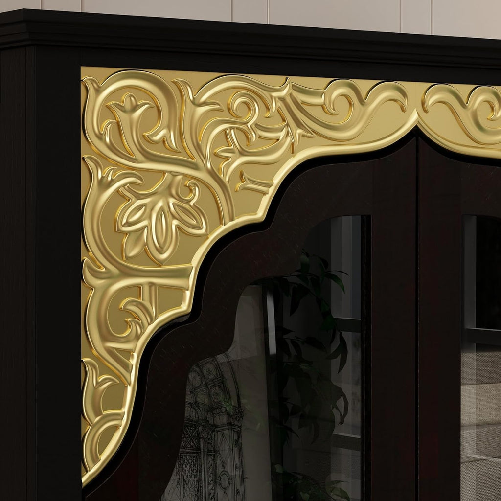 Carved Storage Cabinet with 2 Glass Doors & Drawer, Pooja Mandir with 3-Tier Shelves, Gold Accents, Decorative Cabinet Display Cabinets for Living Room Black and Brown(31.5'W x 15.7'D x 70.9'H)