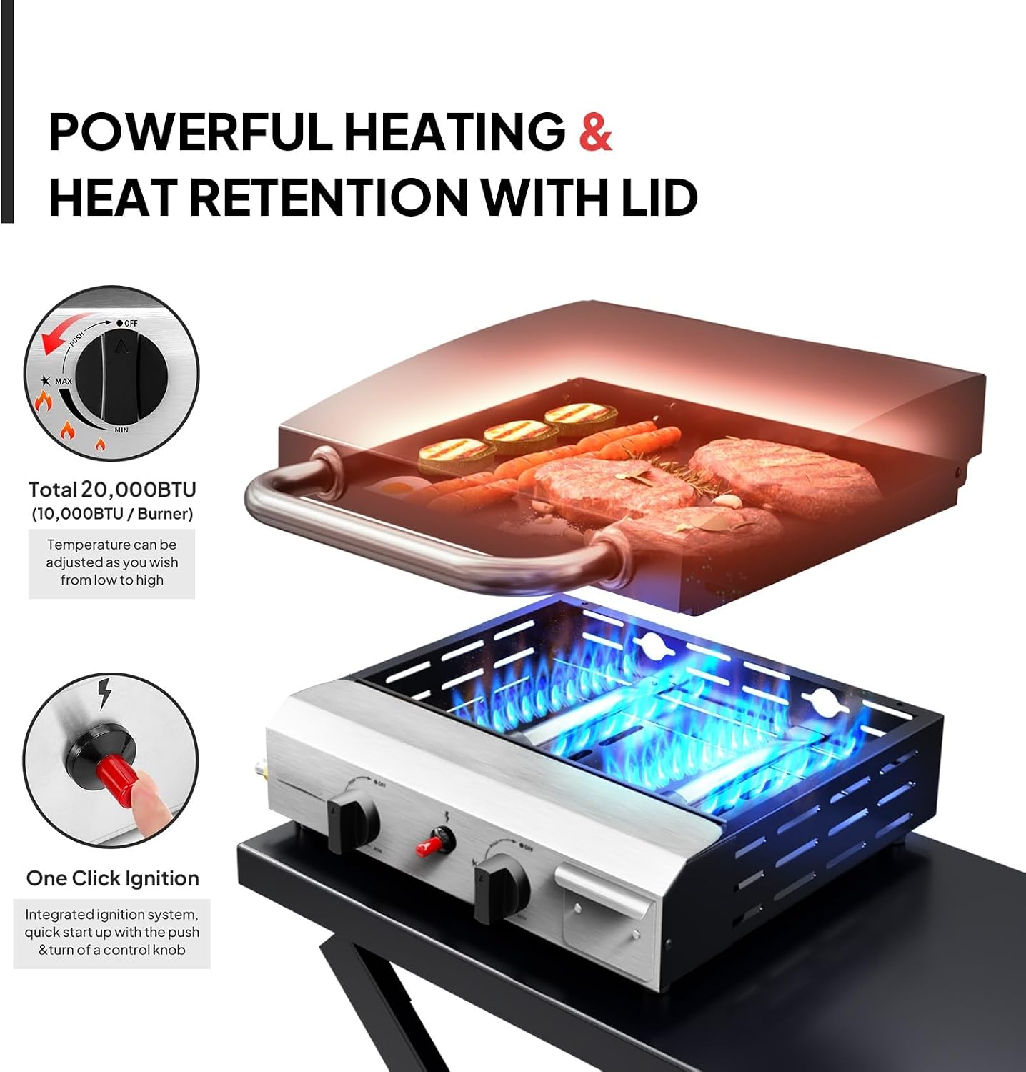Bonnlo Foldable Flat Top Grill with 2 Burner & Lid, Powerful 20,000 BTU Propane Gas Grills with Ignition, Enamel Griddle, Side Shelf & Portable Cart with Wheels for Outdoor Camping Hibachi Grill Use