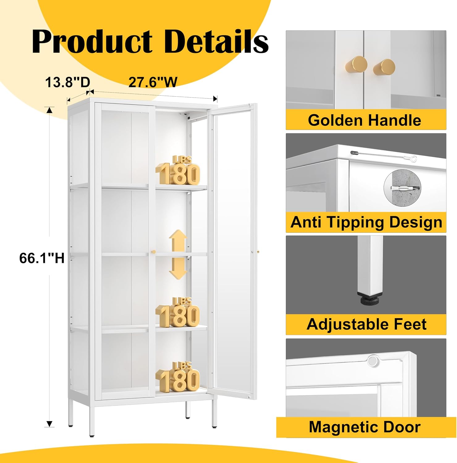 SteeLoong 66' Display Cabinet with Tempered Glass,Metal Curio Cabinet with Glass Doors,4-Tier Display Case for Collectibles,Trophy,Plant,White Storage Cabinets for Living Room - Assemble Required