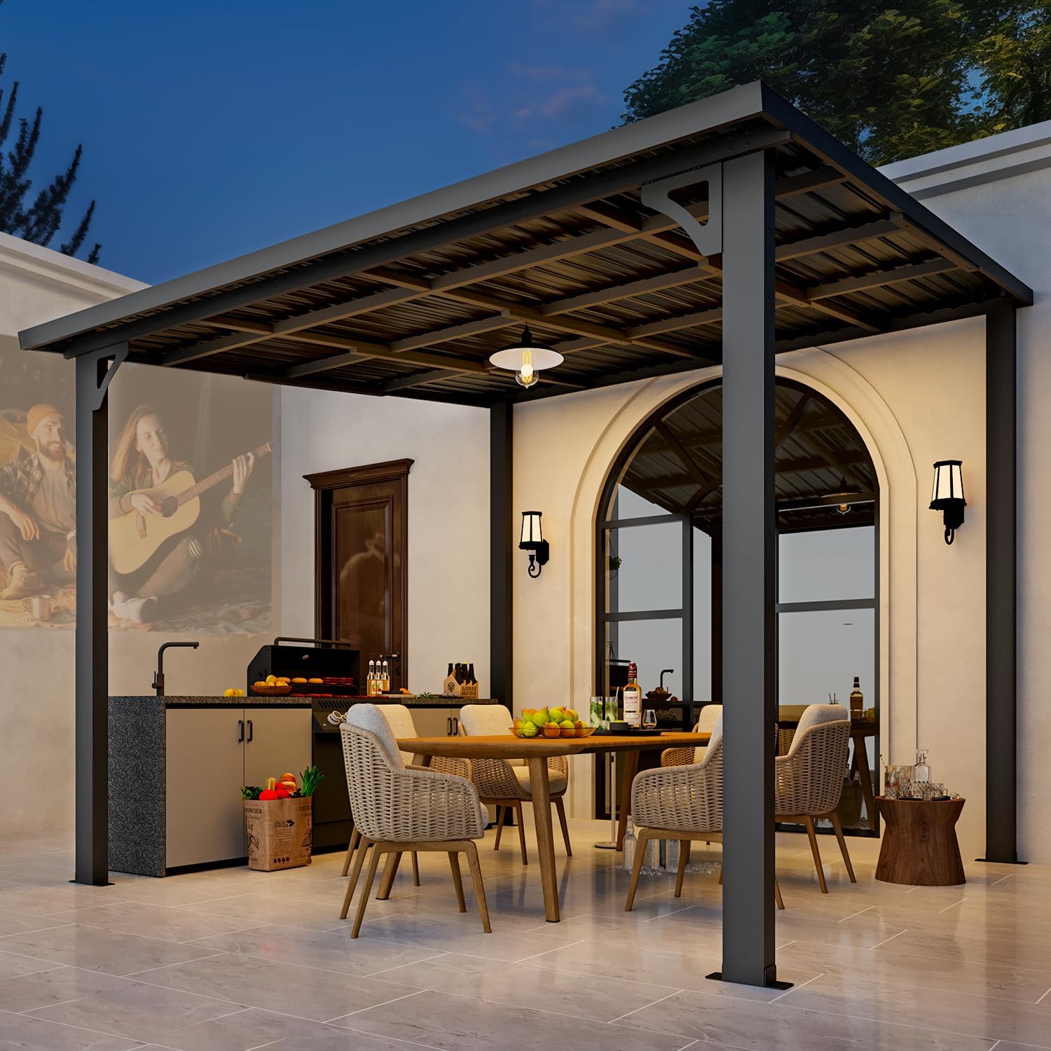 AECOJOY 10' x 10' Hardtop Gazebo Outdoor Pergola, Heavy Duty Lean to Metal Pergolas and Gazebos Clearance, Wall-Mounted Grill Gazebo Galvanized Steel Patio Roof Awnings for Patio, Decks